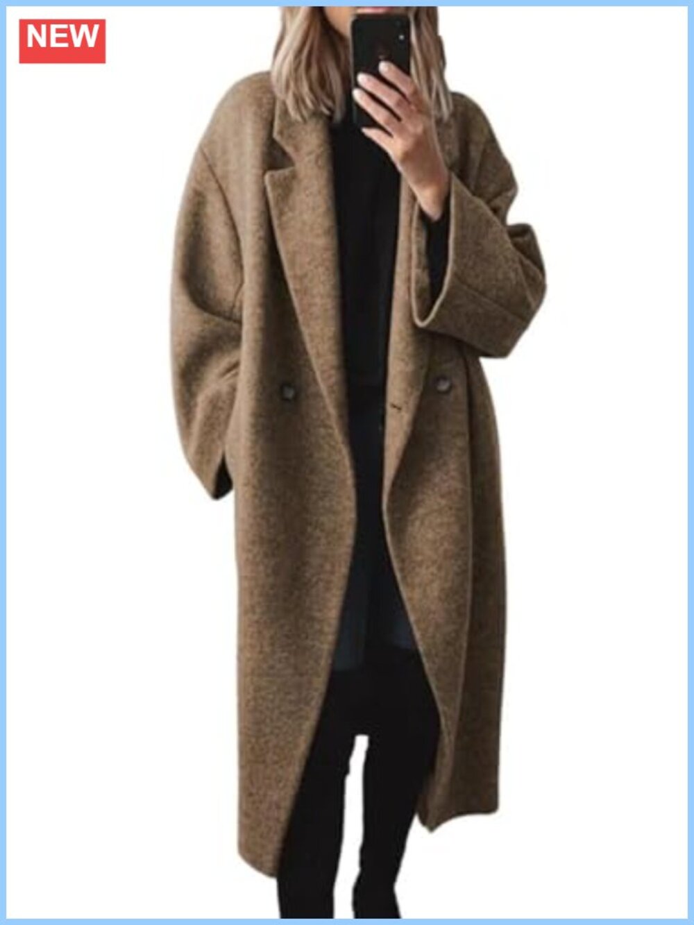 Wool Blend Double Breasted Notch Lapel Pea Coat Long Sleeve Casual